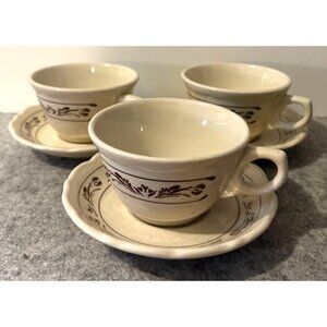 3 Sets of Syracuse Chine Coffee Cup and Saucer, Speckled Brown with Brown Flower